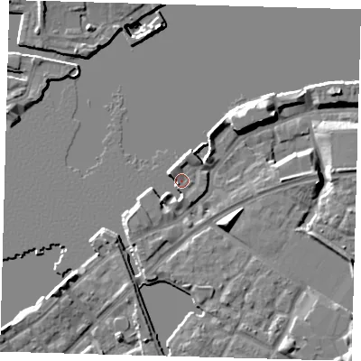 Shaded relief map of the ground around SE165RQ, computed from Environment Agency LiDAR. The ground here sits at about 5 m above sea level and falls 11 m across the surrounding 800 m. Surface water reaching this point runs off ground lying to the east, 0.6 m higher.