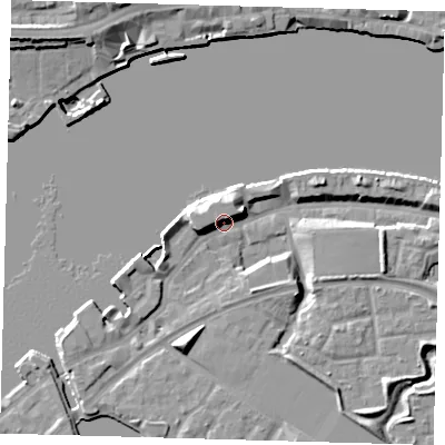 Shaded relief map of the ground around SE165SH, computed from Environment Agency LiDAR. The ground here sits at about 5 m above sea level and falls 12 m across the surrounding 800 m. Surface water reaching this point runs off ground lying to the south-south-west, 7.5 m higher.