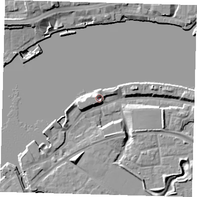 Shaded relief map of the ground around SE165SJ, computed from Environment Agency LiDAR. The ground here sits at about 6 m above sea level and falls 12 m across the surrounding 800 m. Surface water reaching this point runs off ground lying to the south-south-west, 7.7 m higher.