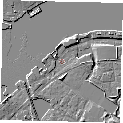 Shaded relief map of the ground around SE165SL, computed from Environment Agency LiDAR. The ground here sits at about 4 m above sea level and falls 13 m across the surrounding 800 m. Surface water reaching this point runs off ground lying to the south, 6.1 m higher.