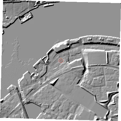 Shaded relief map of the ground around SE165SN, computed from Environment Agency LiDAR. The ground here sits at about 4 m above sea level and falls 11 m across the surrounding 800 m. Surface water reaching this point runs off ground lying to the south-south-west, 6.1 m higher.