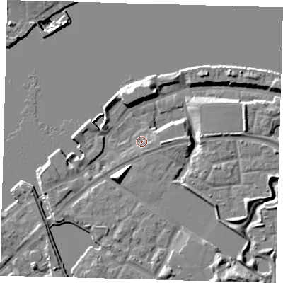Shaded relief map of the ground around SE165SP, computed from Environment Agency LiDAR. The ground here sits at about 5 m above sea level and falls 13 m across the surrounding 800 m. Surface water reaching this point runs off ground lying to the east-south-east, 1.8 m higher.