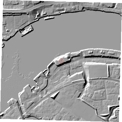 Shaded relief map of the ground around SE165SQ, computed from Environment Agency LiDAR. The ground here sits at about 8 m above sea level and falls 12 m across the surrounding 800 m. Surface water reaching this point runs off ground lying to the east-south-east, 1.2 m higher.
