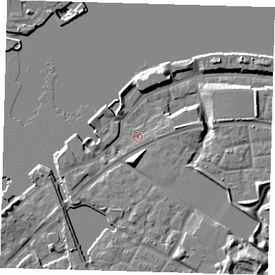 Shaded relief map of the ground around SE165SR, computed from Environment Agency LiDAR. The ground here sits at about 5 m above sea level and falls 13 m across the surrounding 800 m. Surface water reaching this point runs off ground lying to the east-south-east, 1.1 m higher.
