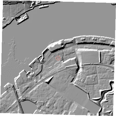 Shaded relief map of the ground around SE165SS, computed from Environment Agency LiDAR. The ground here sits at about 3 m above sea level and falls 12 m across the surrounding 800 m. Surface water reaching this point runs off ground lying to the south-east, 5.8 m higher.