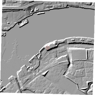 Shaded relief map of the ground around SE165ST, computed from Environment Agency LiDAR. The ground here sits at about 8 m above sea level and falls 12 m across the surrounding 800 m. The ground contributing surface water to this point lies to the west-north-west.