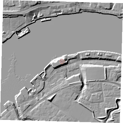 Shaded relief map of the ground around SE165SU, computed from Environment Agency LiDAR. The ground here sits at about 8 m above sea level and falls 12 m across the surrounding 800 m. Surface water reaching this point runs off ground lying to the south-west, 2.5 m higher.