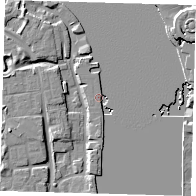 Shaded relief map of the ground around SE165UA, computed from Environment Agency LiDAR. The ground here sits at about 5 m above sea level and falls 12 m across the surrounding 800 m. Surface water reaching this point runs off ground lying to the south, 6.7 m higher.