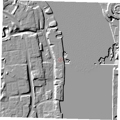 Shaded relief map of the ground around SE165UD, computed from Environment Agency LiDAR. The ground here sits at about 5 m above sea level and falls 12 m across the surrounding 800 m. Surface water reaching this point runs off ground lying to the south, 6.7 m higher.