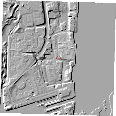 Shaded relief map of the ground around SE165UH, computed from Environment Agency LiDAR. The ground here sits at about 2 m above sea level and falls 12 m across the surrounding 800 m. Surface water reaching this point runs off ground lying to the west-south-west, 5.5 m higher.