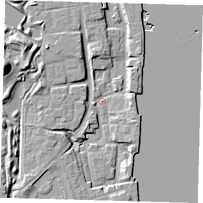 Shaded relief map of the ground around SE165UJ, computed from Environment Agency LiDAR. The ground here sits at about 2 m above sea level and falls 19 m across the surrounding 800 m. Surface water reaching this point runs off ground lying to the west-north-west, 8.1 m higher.