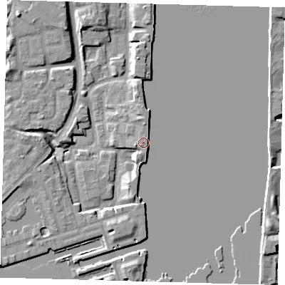Shaded relief map of the ground around SE165UL, computed from Environment Agency LiDAR. The ground here sits at about 5 m above sea level and falls 8 m across the surrounding 800 m. Surface water reaching this point runs off ground lying to the south, 3.9 m higher.