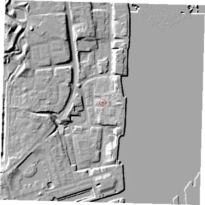 Shaded relief map of the ground around SE165UN, computed from Environment Agency LiDAR. The ground here sits at about 4 m above sea level and falls 12 m across the surrounding 800 m. Surface water reaching this point runs off ground lying to the east, 2.5 m higher.