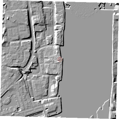 Shaded relief map of the ground around SE165UP, computed from Environment Agency LiDAR. The ground here sits at about 5 m above sea level and falls 8 m across the surrounding 800 m. Surface water reaching this point runs off ground lying to the south-east, 4.5 m higher.