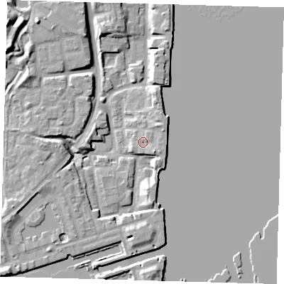 Shaded relief map of the ground around SE165UW, computed from Environment Agency LiDAR. The ground here sits at about 4 m above sea level and falls 11 m across the surrounding 800 m. Surface water reaching this point runs off ground lying to the south-east, 2.3 m higher.