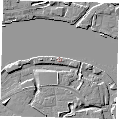 Shaded relief map of the ground around SE165XH, computed from Environment Agency LiDAR. The ground here sits at about 6 m above sea level and falls 10 m across the surrounding 800 m. Surface water reaching this point runs off ground lying to the south-east, 4.6 m higher.