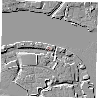 Shaded relief map of the ground around SE165XJ, computed from Environment Agency LiDAR. The ground here sits at about 7 m above sea level and falls 9 m across the surrounding 800 m. Surface water reaching this point runs off ground lying to the south-south-east, 5.3 m higher.