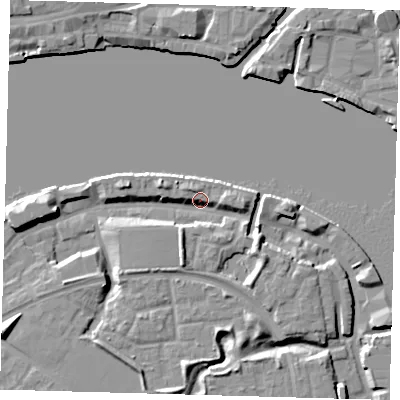 Shaded relief map of the ground around SE165XL, computed from Environment Agency LiDAR. The ground here sits at about 5 m above sea level and falls 10 m across the surrounding 800 m. Surface water reaching this point runs off ground lying to the south-east, 5.9 m higher.