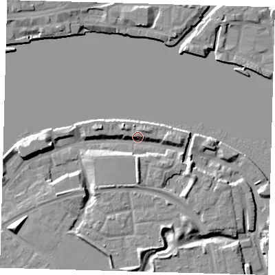 Shaded relief map of the ground around SE165XN, computed from Environment Agency LiDAR. The ground here sits at about 5 m above sea level and falls 8 m across the surrounding 800 m. Surface water reaching this point runs off ground lying to the south-east, 5.9 m higher.