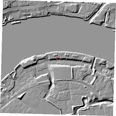 Shaded relief map of the ground around SE165XP, computed from Environment Agency LiDAR. The ground here sits at about 6 m above sea level and falls 11 m across the surrounding 800 m. Surface water reaching this point runs off ground lying to the east-south-east, 6.2 m higher.