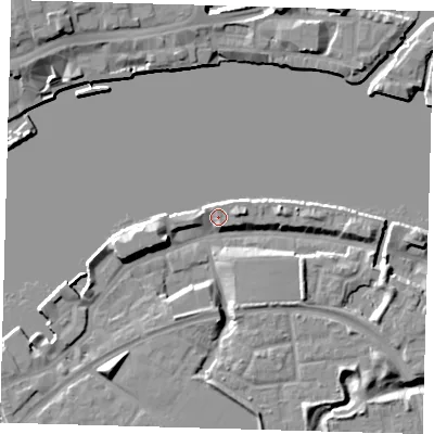 Shaded relief map of the ground around SE165XR, computed from Environment Agency LiDAR. The ground here sits at about 5 m above sea level and falls 11 m across the surrounding 800 m. Surface water reaching this point runs off ground lying to the west-south-west, 6.4 m higher.