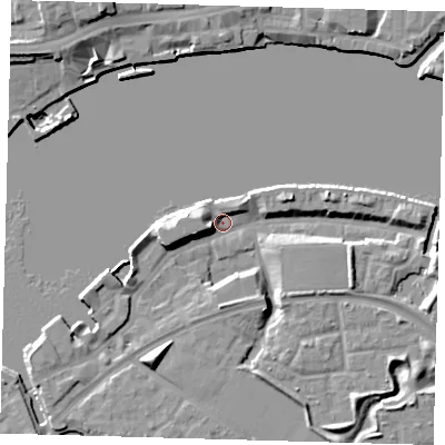 Shaded relief map of the ground around SE165XS, computed from Environment Agency LiDAR. The ground here sits at about 2 m above sea level and falls 12 m across the surrounding 800 m. Surface water reaching this point runs off ground lying to the west-south-west, 6.4 m higher.