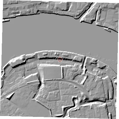 Shaded relief map of the ground around SE165XW, computed from Environment Agency LiDAR. The ground here sits at about 3 m above sea level and falls 8 m across the surrounding 800 m. Surface water reaching this point runs off ground lying to the east-south-east, 6.2 m higher.