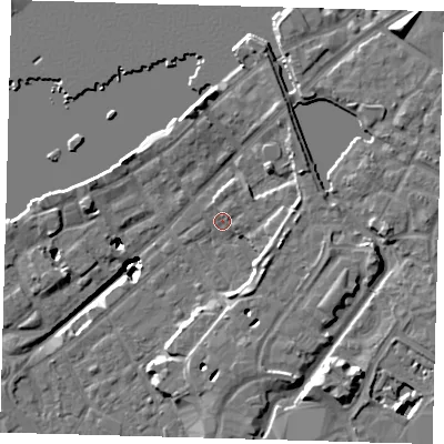 Shaded relief map of the ground around SE166DF, computed from Environment Agency LiDAR. The ground here sits at about 3 m above sea level and falls 20 m across the surrounding 800 m. Surface water reaching this point runs off ground lying to the north, 2.1 m higher.