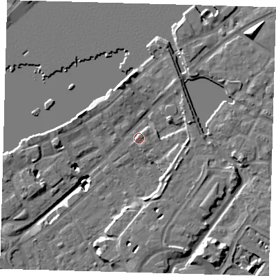 Shaded relief map of the ground around SE166DJ, computed from Environment Agency LiDAR. The ground here sits at about 4 m above sea level and falls 20 m across the surrounding 800 m. Surface water reaching this point runs off ground lying to the east-north-east, 4.9 m higher.
