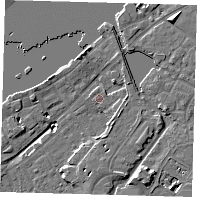 Shaded relief map of the ground around SE166DN, computed from Environment Agency LiDAR. The ground here sits at about 4 m above sea level and falls 20 m across the surrounding 800 m. Surface water reaching this point runs off ground lying to the west-north-west, 0.8 m higher.