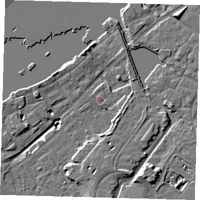 Shaded relief map of the ground around SE166DP, computed from Environment Agency LiDAR. The ground here sits at about 4 m above sea level and falls 20 m across the surrounding 800 m. Surface water reaching this point runs off ground lying to the south, 0.7 m higher.
