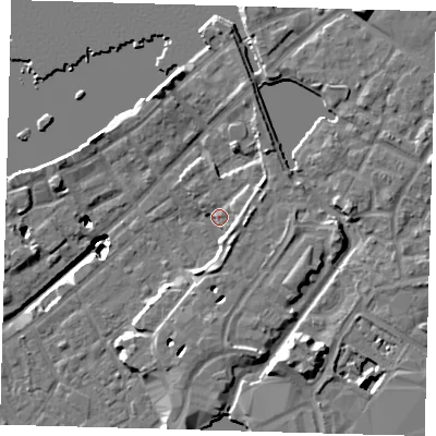 Shaded relief map of the ground around SE166DR, computed from Environment Agency LiDAR. The ground here sits at about 4 m above sea level and falls 20 m across the surrounding 800 m. Surface water reaching this point runs off ground lying to the south-south-east, 4.4 m higher.