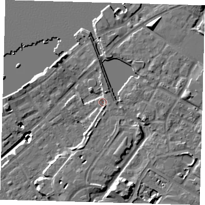 Shaded relief map of the ground around SE166DU, computed from Environment Agency LiDAR. The ground here sits at about 4 m above sea level and falls 20 m across the surrounding 800 m. Surface water reaching this point runs off ground lying to the south-south-west, 2.5 m higher.