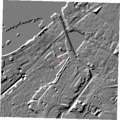 Shaded relief map of the ground around SE166DW, computed from Environment Agency LiDAR. The ground here sits at about 4 m above sea level and falls 20 m across the surrounding 800 m. Surface water reaching this point runs off ground lying to the south-east, 3.0 m higher.