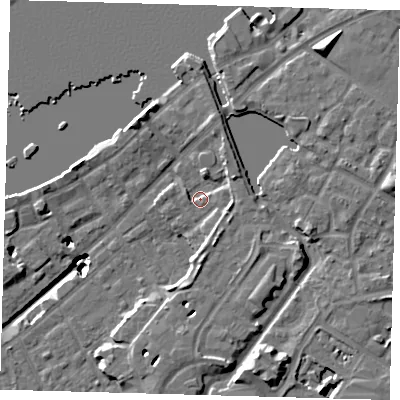 Shaded relief map of the ground around SE166DX, computed from Environment Agency LiDAR. The ground here sits at about 4 m above sea level and falls 20 m across the surrounding 800 m. Surface water reaching this point runs off ground lying to the east-north-east, 4.6 m higher.