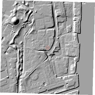 Shaded relief map of the ground around SE166HN, computed from Environment Agency LiDAR. The ground here sits at about 6 m above sea level and falls 19 m across the surrounding 800 m. Surface water reaching this point runs off ground lying to the west-north-west, 1.1 m higher.