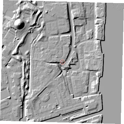 Shaded relief map of the ground around SE166HR, computed from Environment Agency LiDAR. The ground here sits at about 6 m above sea level and falls 19 m across the surrounding 800 m. Surface water reaching this point runs off ground lying to the south-west, 7.0 m higher.