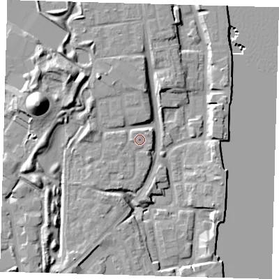 Shaded relief map of the ground around SE166HS, computed from Environment Agency LiDAR. The ground here sits at about 5 m above sea level and falls 19 m across the surrounding 800 m. Surface water reaching this point runs off ground lying to the south-south-west, 1.5 m higher.