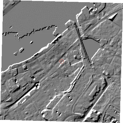 Shaded relief map of the ground around SE166HZ, computed from Environment Agency LiDAR. The ground here sits at about 3 m above sea level and falls 20 m across the surrounding 800 m. Surface water reaching this point runs off ground lying to the east, 4.9 m higher.