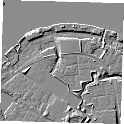 Shaded relief map of the ground around SE166NS, computed from Environment Agency LiDAR. The ground here sits at about 6 m above sea level and falls 11 m across the surrounding 800 m. Surface water reaching this point runs off ground lying to the south-south-west, 5.8 m higher.