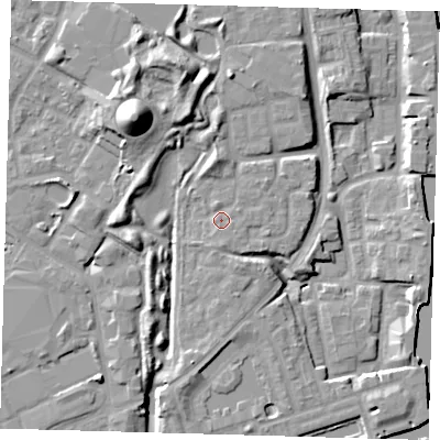 Shaded relief map of the ground around SE166QN, computed from Environment Agency LiDAR. The ground here sits at about 6 m above sea level and falls 19 m across the surrounding 800 m. Surface water reaching this point runs off ground lying to the south, 1.4 m higher.