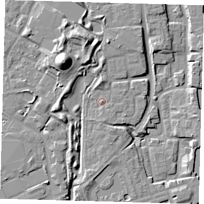 Shaded relief map of the ground around SE166QW, computed from Environment Agency LiDAR. The ground here sits at about 6 m above sea level and falls 19 m across the surrounding 800 m. Surface water reaching this point runs off ground lying to the south, 1.4 m higher.