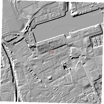 Shaded relief map of the ground around SE167AD, computed from Environment Agency LiDAR. The ground here sits at about 2 m above sea level and falls 48 m across the surrounding 800 m. Surface water reaching this point runs off ground lying to the north-north-west, 3.9 m higher.