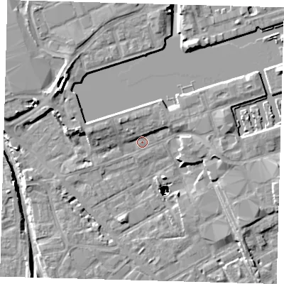 Shaded relief map of the ground around SE167AE, computed from Environment Agency LiDAR. The ground here sits at about 2 m above sea level and falls 48 m across the surrounding 800 m. Surface water reaching this point runs off ground lying to the east-north-east, 3.4 m higher.