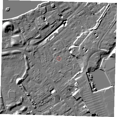 Shaded relief map of the ground around SE167AX, computed from Environment Agency LiDAR. The ground here sits at about 2 m above sea level and falls 19 m across the surrounding 800 m. Surface water reaching this point runs off ground lying to the west, 3.0 m higher.