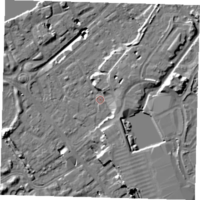 Shaded relief map of the ground around SE167BD, computed from Environment Agency LiDAR. The ground here sits at about 2 m above sea level and falls 20 m across the surrounding 800 m. Surface water reaching this point runs off ground lying to the north-north-east, 17.4 m higher.