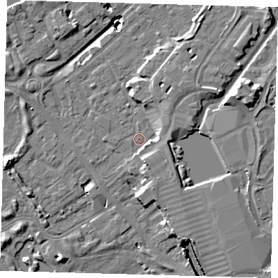 Shaded relief map of the ground around SE167BE, computed from Environment Agency LiDAR. The ground here sits at about 2 m above sea level and falls 20 m across the surrounding 800 m. Surface water reaching this point runs off ground lying to the east-north-east, 3.7 m higher.