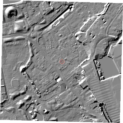 Shaded relief map of the ground around SE167BL, computed from Environment Agency LiDAR. The ground here sits at about 2 m above sea level and falls 19 m across the surrounding 800 m. Surface water reaching this point runs off ground lying to the east-south-east, 4.6 m higher.