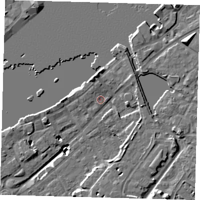 Shaded relief map of the ground around SE167DA, computed from Environment Agency LiDAR. The ground here sits at about 3 m above sea level and falls 20 m across the surrounding 800 m. Surface water reaching this point runs off ground lying to the north-north-west, 3.7 m higher.