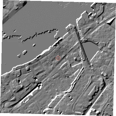 Shaded relief map of the ground around SE167DB, computed from Environment Agency LiDAR. The ground here sits at about 4 m above sea level and falls 20 m across the surrounding 800 m. Surface water reaching this point runs off ground lying to the north-north-west, 3.7 m higher.